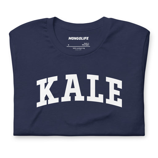 Folded navy KALE shirt displaying collegiate print across the chest.