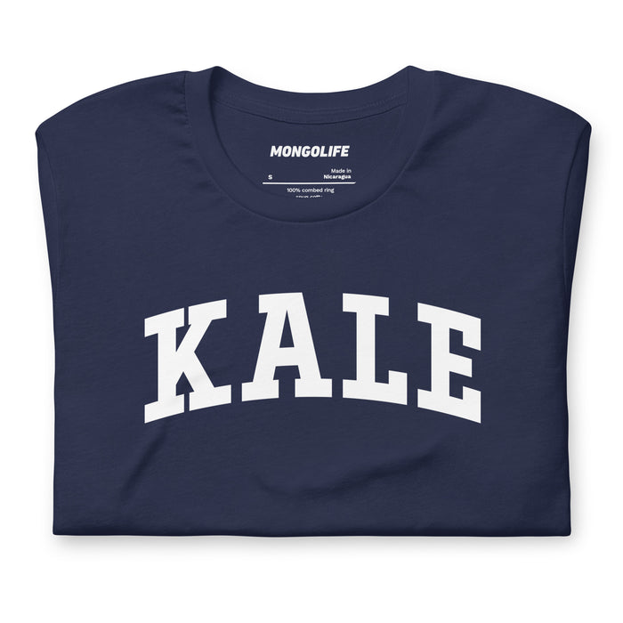 Folded navy KALE shirt displaying collegiate print across the chest.