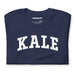 Folded navy KALE shirt displaying collegiate print across the chest.