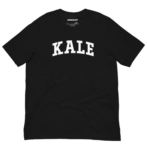 Black KALE t-shirt laid flat with classic varsity-style font.