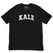 Black KALE t-shirt laid flat with classic varsity-style font.