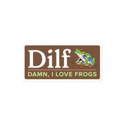 Sticker with "DILF: Damn, I Love Frogs" text and a colorful frog perched on a branch.