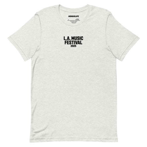 ash gray t shirt with small black la music festival 2025 print subtle protest shirt activist streetwear
