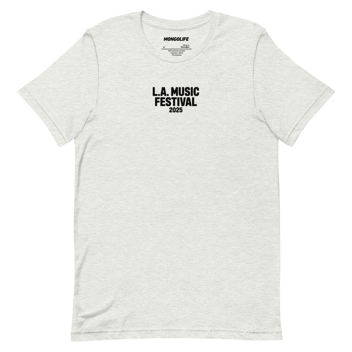 ash gray t shirt with small black la music festival 2025 print subtle protest shirt activist streetwear