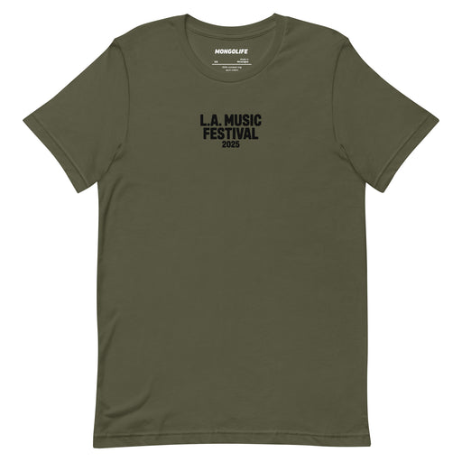 military green t shirt with black la music festival 2025 text lowkey political protest shirt