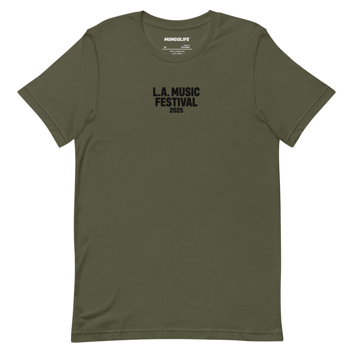 military green t shirt with black la music festival 2025 text lowkey political protest shirt