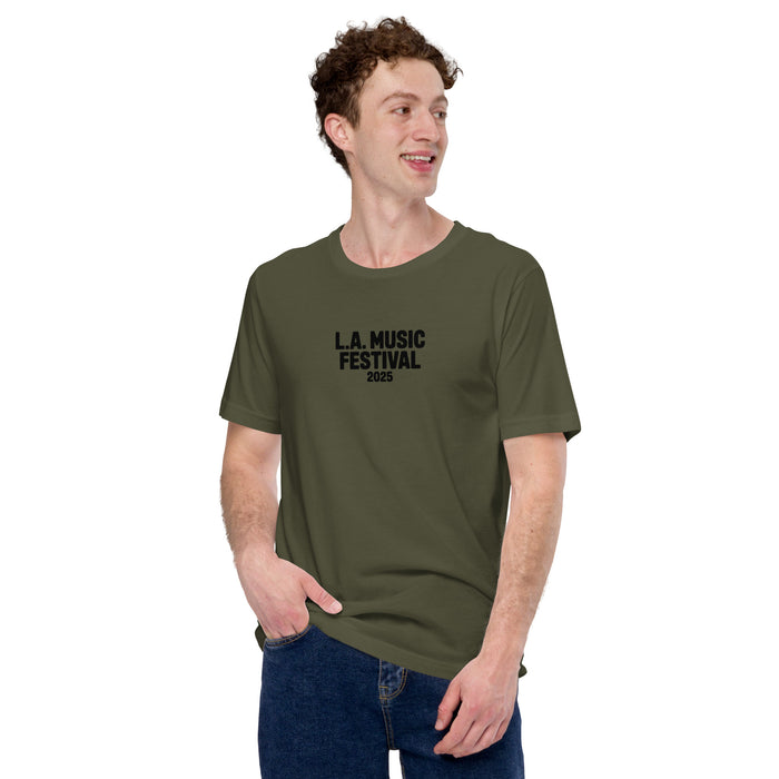 model wearing military green la music festival 2025 t shirt activist themed protest shirt with minimal design