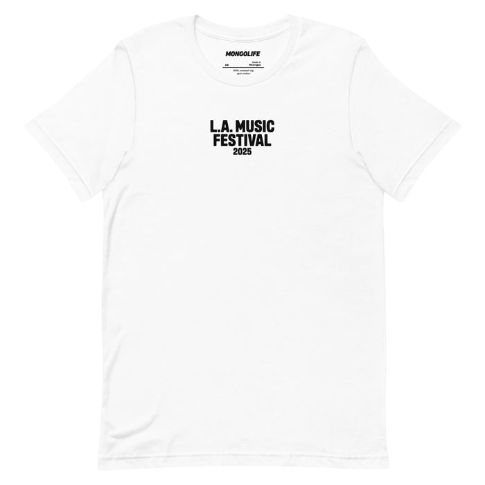 white protest shirt with black la music festival 2025 graphic subtle activist tee for social movements