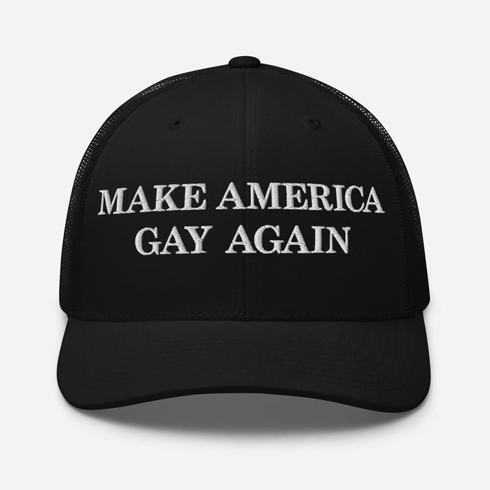 Black structured hat with white “Make America Gay Again” embroidery on the front panel.