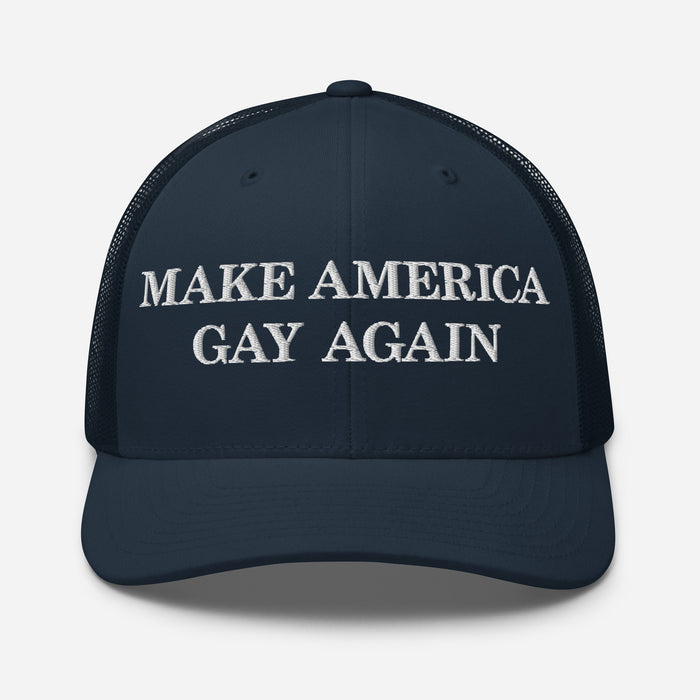 Navy blue hat with “Make America Gay Again” embroidered in white serif text on the front panel.
