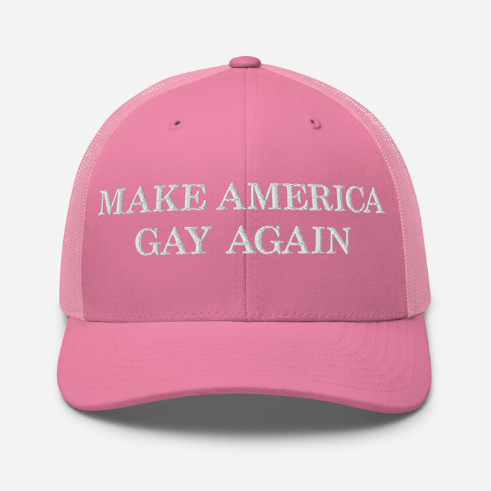 Light pink hat with white “Make America Gay Again” embroidered across the front, playful and bold.