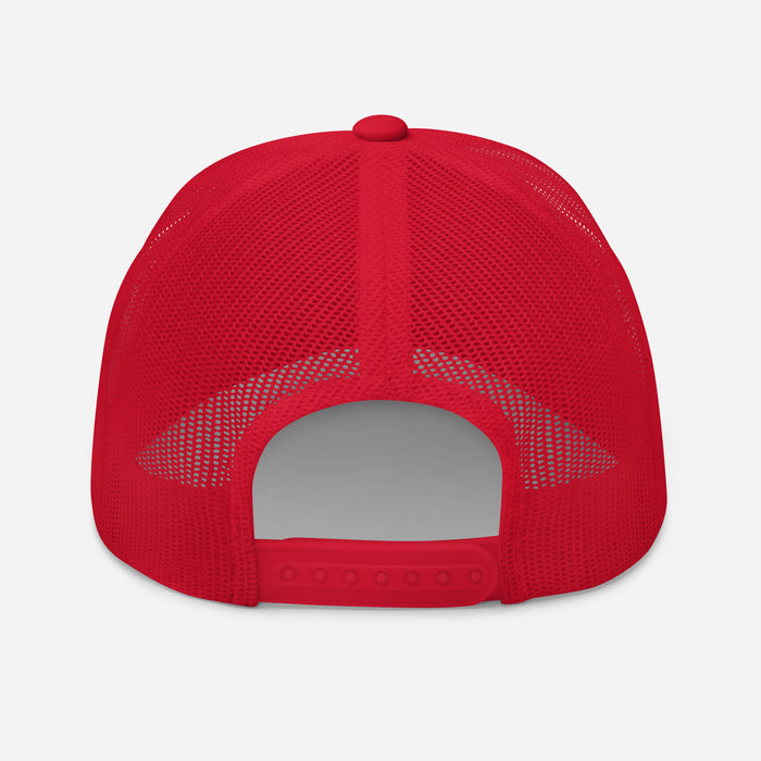 Rear view of red trucker hat with mesh panel and adjustable snapback strap.