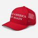 Red mesh back hat with visible snapback closure and “Make America Gay Again” embroidery from side angle.