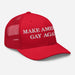 Side angle of red “Make America Gay Again” mesh trucker hat, showing bill curve and embroidery depth.