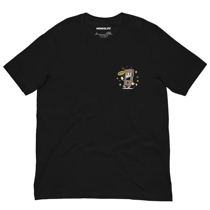 Black T-shirt with a bold pocket design featuring a guillotine cartoon and the phrase "Modern Problems Require 18th Century Solutions.