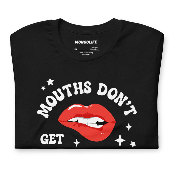 Close-up of black t-shirt showing full “Mouths Don’t Get Pregnant” design with red lips and white retro text.