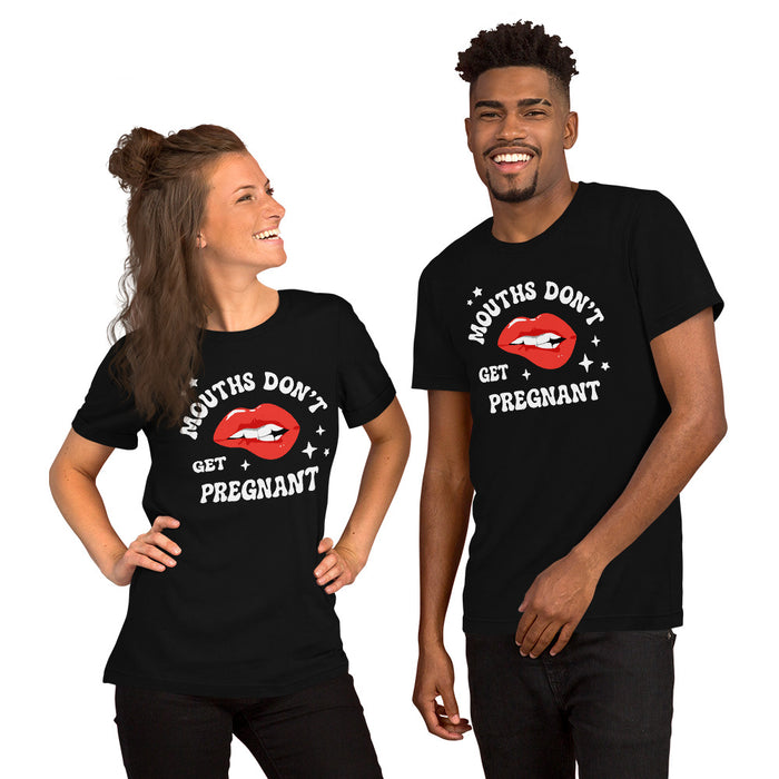 Two models wearing “Mouths Don’t Get Pregnant” shirts in black, showing the full design front-on while posing and smiling.