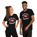 Two models wearing “Mouths Don’t Get Pregnant” shirts in black, showing the full design front-on while posing and smiling.