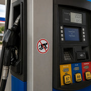Small round parody warning sticker with a red prohibition symbol and black fuel nozzle figure placed on the side panel of a modern gas pump.