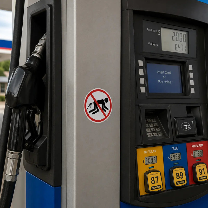 Small round parody warning sticker with a red prohibition symbol and black fuel nozzle figure placed on the side panel of a modern gas pump.