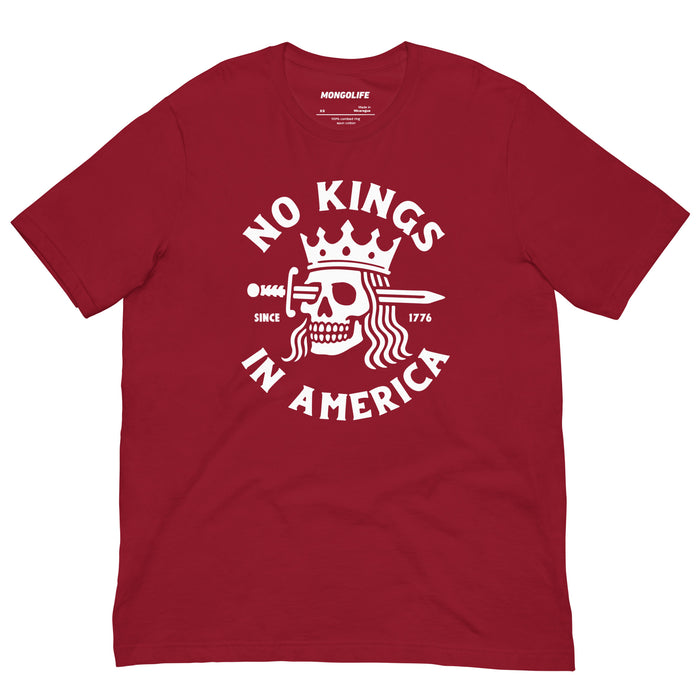 Cardinal red t-shirt with bold graphic of a crowned skull and the slogan “No Kings in America.”
