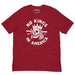 Cardinal red t-shirt with bold graphic of a crowned skull and the slogan “No Kings in America.”