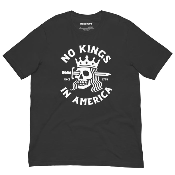 Dark Grey t-shirt featuring the “No Kings in America” skull graphic laid flat on white background.