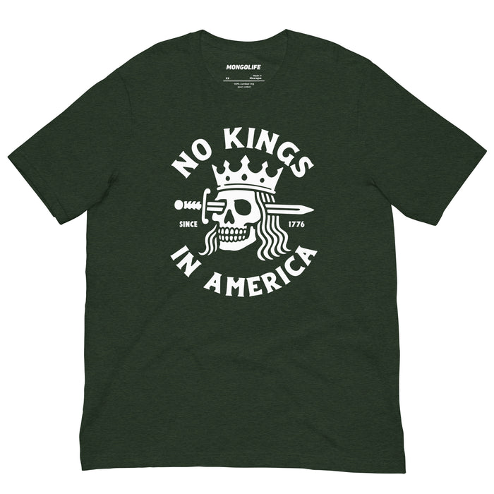 Heather Emerald green t-shirt with “No Kings in America” anti-authoritarian artwork in large white print.