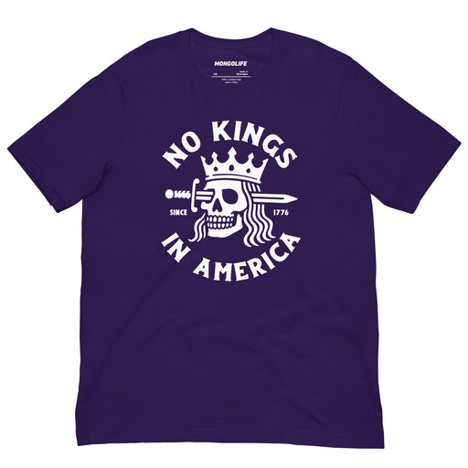 Team Purple version of the “No Kings in America” protest tee with white design of a crowned skull and dagger.