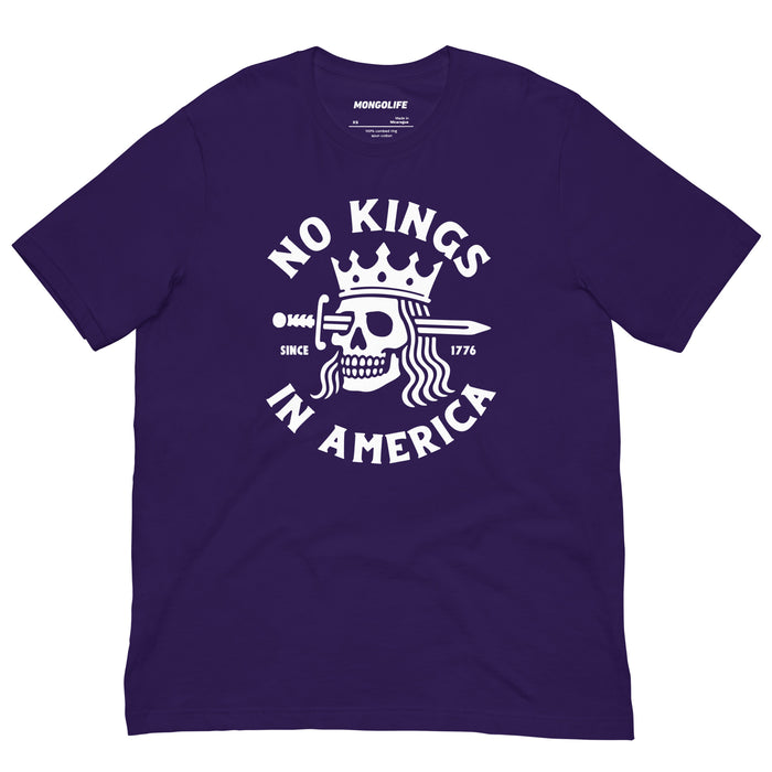 Team Purple version of the “No Kings in America” protest tee with white design of a crowned skull and dagger.
