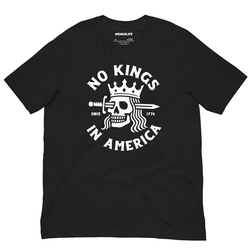 Vintage Black “No Kings in America” t-shirt with a bold white skull-and-crown graphic and crossed sword.