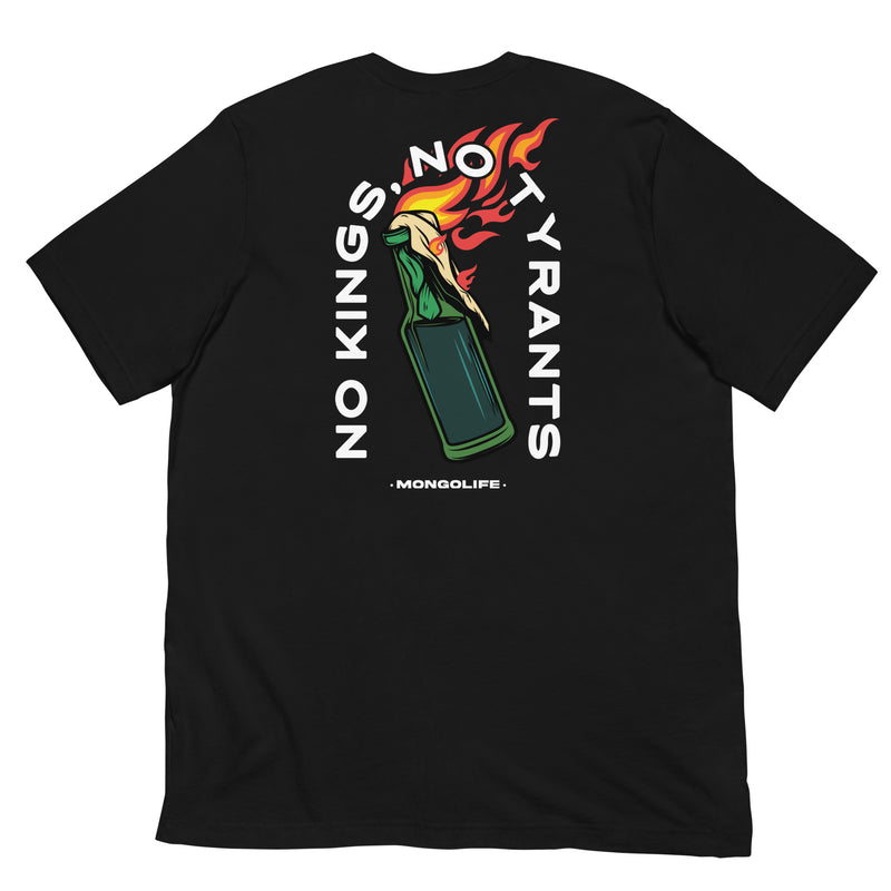 Black t-shirt featuring a full-back print of a flaming molotov cocktail with bold text reading "No Kings, No Tyrants," symbolizing resistance and defiance.