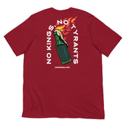 Cardinal red t-shirt featuring a full-back print of a flaming molotov cocktail with bold text reading "No Kings, No Tyrants."