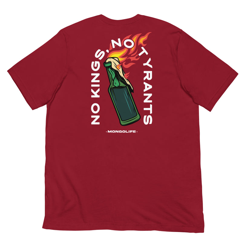 Cardinal red t-shirt featuring a full-back print of a flaming molotov cocktail with bold text reading "No Kings, No Tyrants."