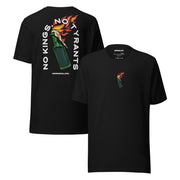 Black t-shirt shown from both front and back, displaying the small chest print of a molotov cocktail and the large anti-authoritarian back design with the phrase "No Kings, No Tyrants."
