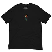 Black t-shirt featuring a minimalist flaming molotov cocktail chest print, symbolizing resistance and anti-authoritarianism.