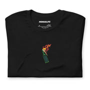 Neatly folded black t-shirt showcasing the small front chest print of a flaming molotov cocktail.