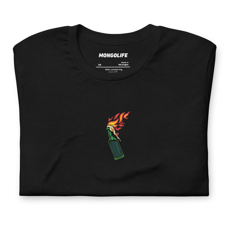 Neatly folded black t-shirt showcasing the small front chest print of a flaming molotov cocktail.