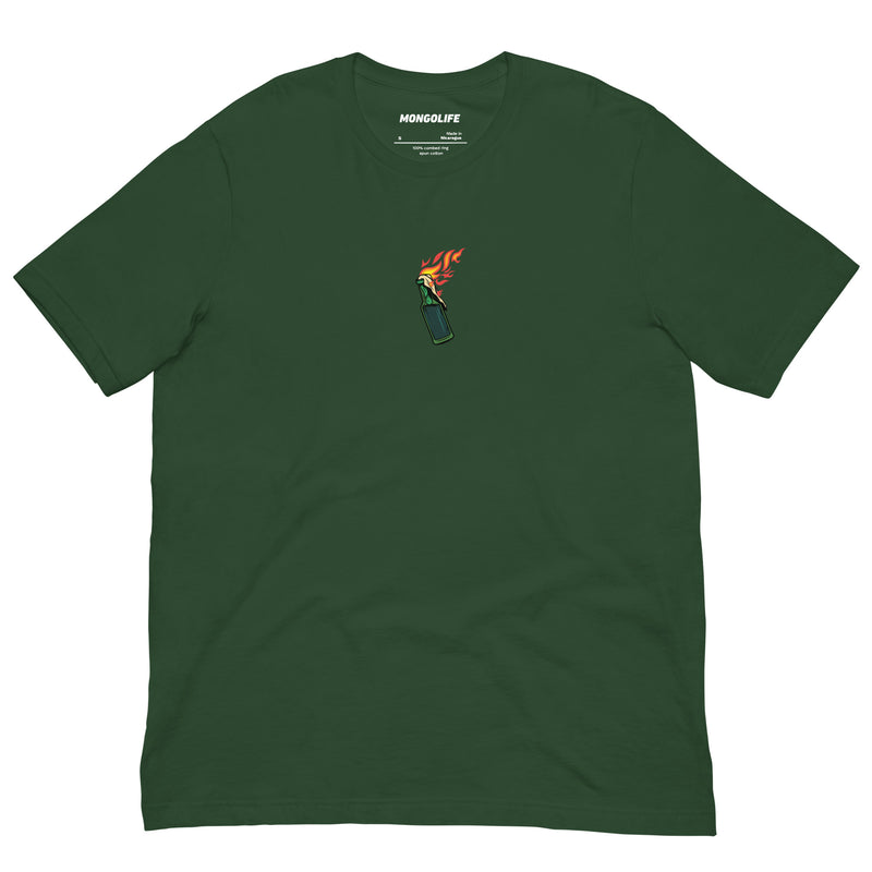 Forest green t-shirt with a small flaming molotov cocktail chest print, symbolizing resistance and defiance.