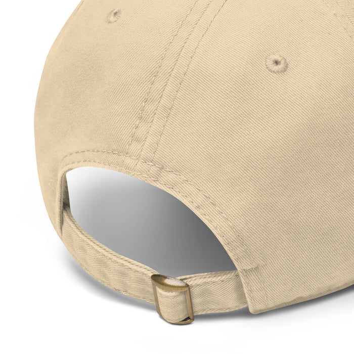 close up of khaki stay positive test negative cap garment washed fabric detail brass buckle