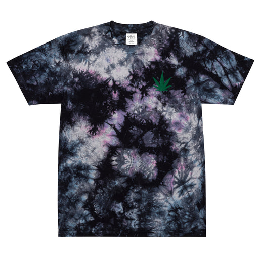 Oversized tie-dye t-shirt featuring an embroidered cannabis leaf on the left chest. Color: Milky Way