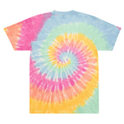 Back view: Oversized tie-dye t-shirt. Color: Sherbet Rainbow