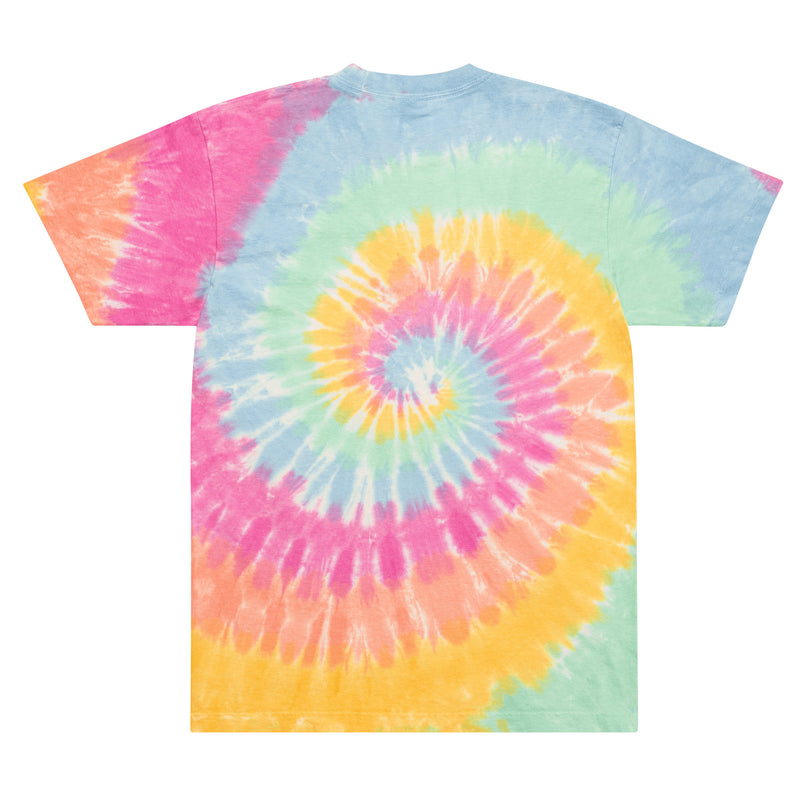Back view: Oversized tie-dye t-shirt. Color: Sherbet Rainbow