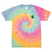 Oversized tie-dye t-shirt featuring an embroidered cannabis leaf on the left chest. Color: Sherbet Rainbow