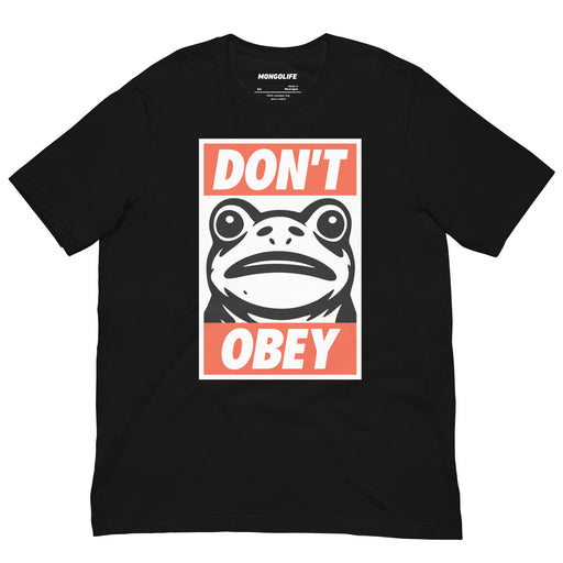 Black t‑shirt showing “Portland Frogs Don’t Obey” graphic with protest‑style frog illustration and bold white text.