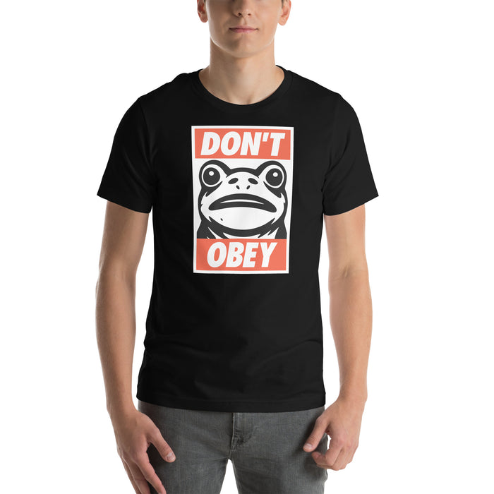 Male model wearing the “Portland Frogs Don’t Obey” t‑shirt in Black, front view showing design clearly.