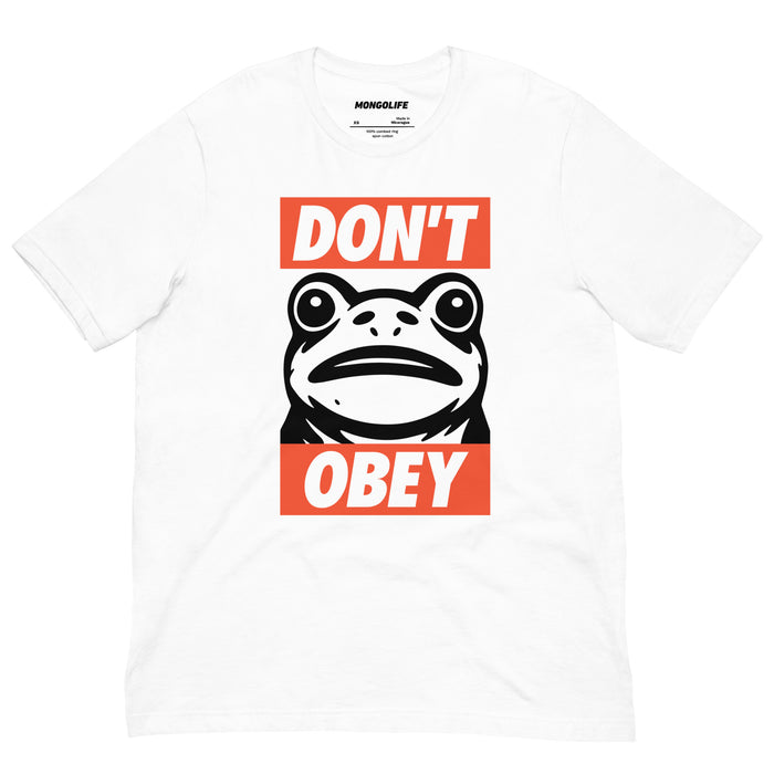 White t‑shirt with the “Portland Frogs Don’t Obey” graphic, frog imagery and bold text centered on front.
