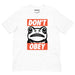 White t‑shirt with the “Portland Frogs Don’t Obey” graphic, frog imagery and bold text centered on front.