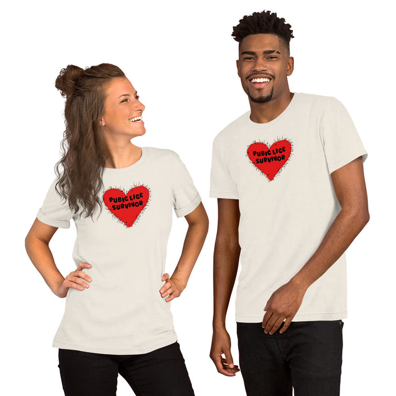 Two people wearing Pubic Lice Survivor t-shirts in Vintage White, smiling while modeling the design.