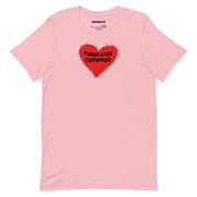 Pink t-shirt with large red heart-shaped design and “Pubic Lice Survivor” text printed on the front.